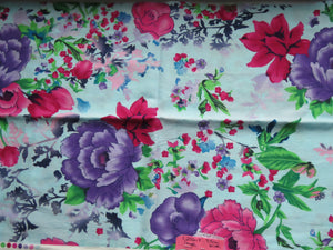 48cm Purple and Pink floral on pale blue 100% italian satin jacquard cotton Made in Japan 112cm wide