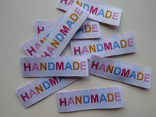 Load image into Gallery viewer, 10 Mixed Font colour HANDMADE white woven labels 50mm x 15mm