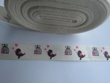 Load image into Gallery viewer, 1.4m Bird with Pink heart and birdcage Printed cotton tape