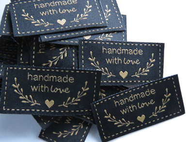 25 Black Handmade with Love labels with heart and branches in gold font 50mm wide x 25mm high