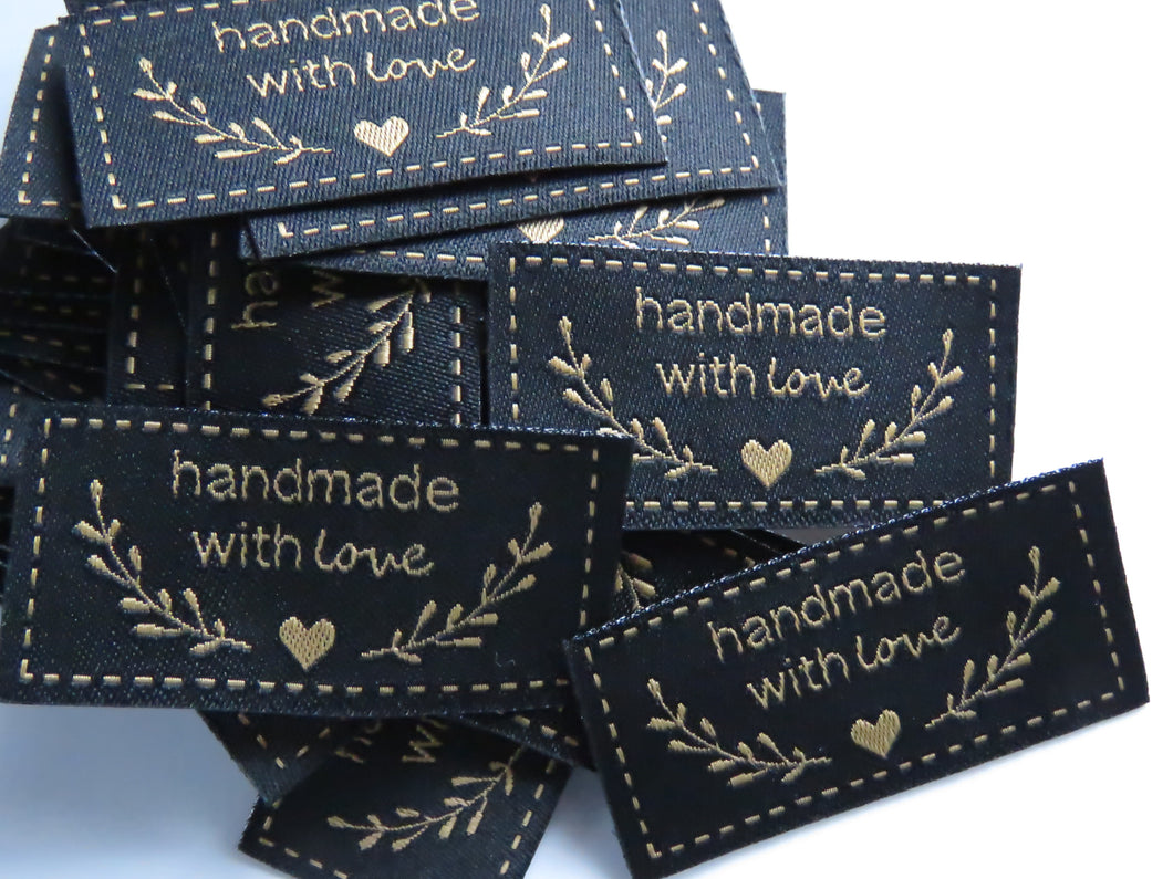 25 Black Handmade with Love labels with heart and branches in gold font 50mm wide x 25mm high