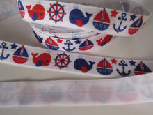 Load image into Gallery viewer, 2m Whale, Anchor and boat print on white Fold Over Elastic FOE Foldover 15mm