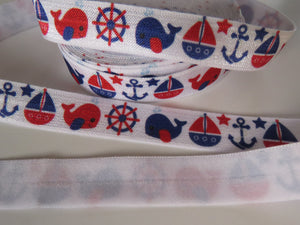 2m Whale, Anchor and boat print on white Fold Over Elastic FOE Foldover 15mm
