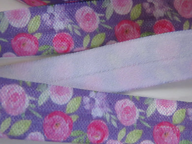 2m Light and dark pink roses floral print on purple background Fold Over Elastic FOE Foldover 15mm