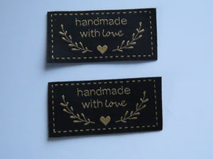25 Black Handmade with Love labels with heart and branches in gold font 50mm wide x 25mm high