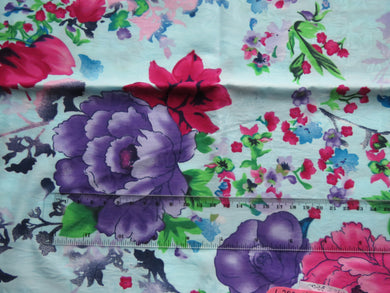 1.2m Purple and Pink floral on pale blue 100% italian satin jacquard cotton Made in Japan 35cm wide