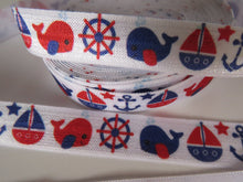 Load image into Gallery viewer, 2m Whale, Anchor and boat print on white Fold Over Elastic FOE Foldover 15mm