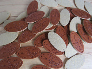 50 Oval Shape Hand Made with Love & flower and heart PU Leather Labels 30x 10mm