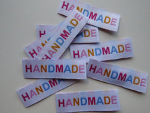 Load image into Gallery viewer, 10 Mixed Font colour HANDMADE white woven labels 50mm x 15mm