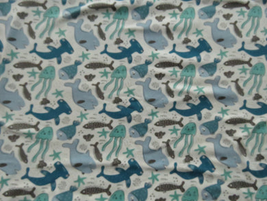 1m Fish Shark Starfish on cream cotton spandex jersey knit 150cm