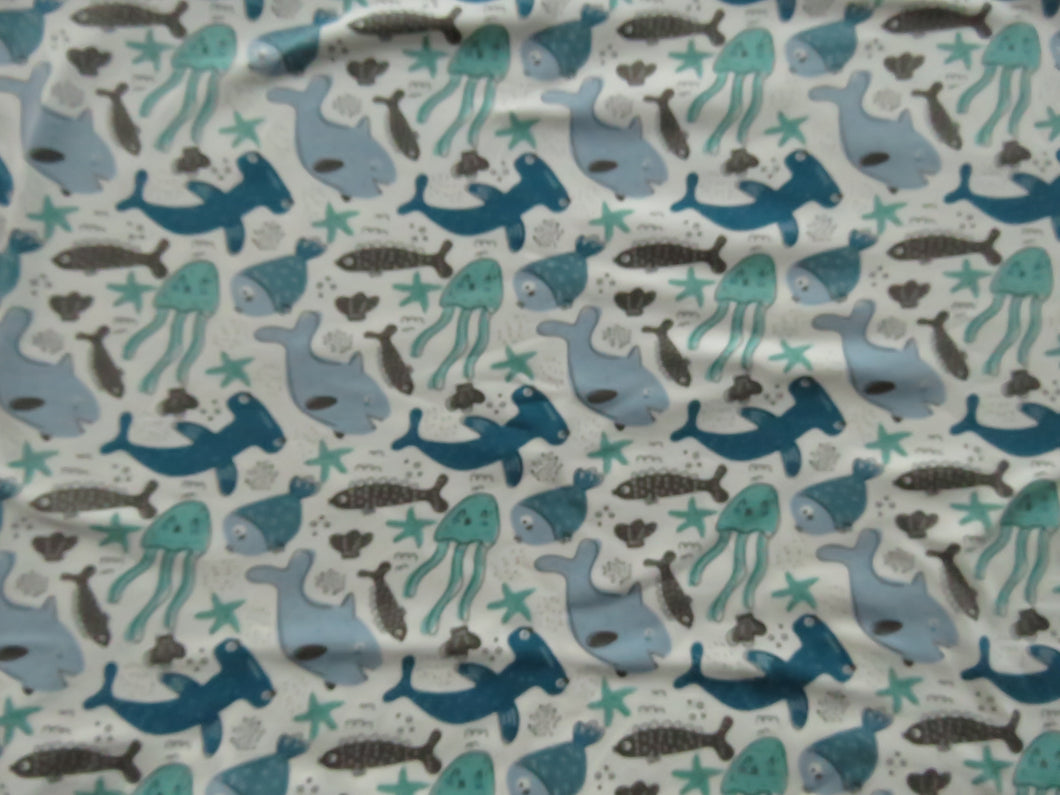 1m Fish Shark Starfish on cream cotton spandex jersey knit 150cm