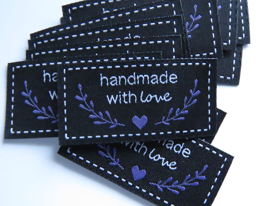 25 Black Handmade with Love in white font labels with heart and branches in purple 50mm wide x 25mm high