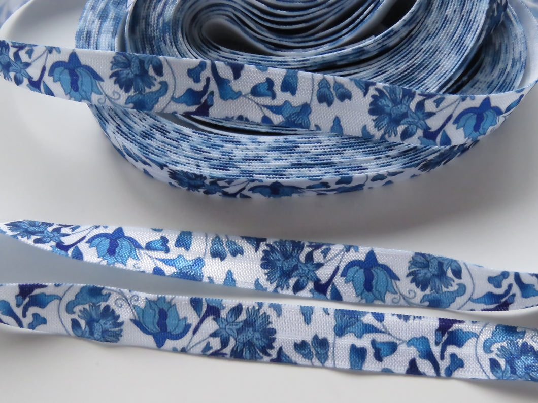 4m Blue floral Print on white  fold over elastic 15mm foldover foe.
