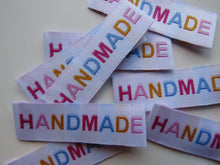 Load image into Gallery viewer, 10 Mixed Font colour HANDMADE white woven labels 50mm x 15mm