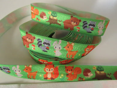 2m Woodland animal print with bear, fox, squirrel, skunk on green Fold Over Elastic FOE Foldover elastic 15mm