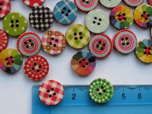 Load image into Gallery viewer, 50 Mixed Print Gingham checks and spots 15mm buttons 2 holes