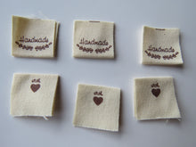 Load image into Gallery viewer, 10 Handmade underlined with Heart twigs Cotton Flag Labels 2 x 2cm folded