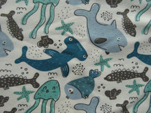 Load image into Gallery viewer, 1m Fish Shark Starfish on cream cotton spandex jersey knit 150cm