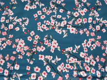 Load image into Gallery viewer, 1m Cherry blossom print on teal background 95% EcoVero viscose with stretch 150cm wide.