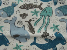 Load image into Gallery viewer, 1m Fish Shark Starfish on cream cotton spandex jersey knit 150cm