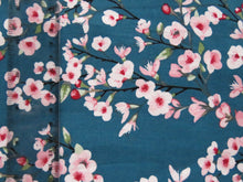 Load image into Gallery viewer, 1m Cherry blossom print on teal background 95% EcoVero viscose with stretch 150cm wide.