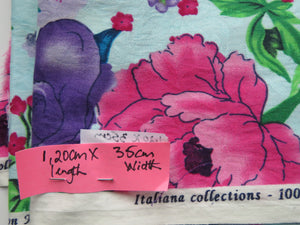 1.2m Purple and Pink floral on pale blue 100% italian satin jacquard cotton Made in Japan 35cm wide