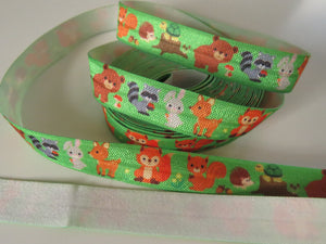2m Woodland animal print with bear, fox, squirrel, skunk on green Fold Over Elastic FOE Foldover elastic 15mm