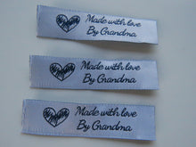 Load image into Gallery viewer, 10 White Made with Love by Grandma 60mm x 15mm woven sewing labels- NOTE DUE IN STOCK ON 20 March so orders with these labels will be dispatched once the new stock arrives