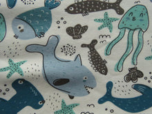 Load image into Gallery viewer, 1m Fish Shark Starfish on cream cotton spandex jersey knit 150cm