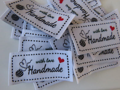 10 White Heart made from end of the Ball of wool Handmade with Love labels 50x 25mm