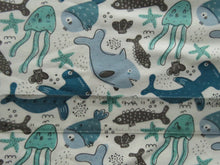 Load image into Gallery viewer, 1m Fish Shark Starfish on cream cotton spandex jersey knit 150cm