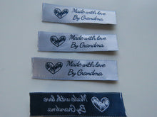 Load image into Gallery viewer, 10 White Made with Love by Grandma 60mm x 15mm woven sewing labels- NOTE DUE IN STOCK ON 20 March so orders with these labels will be dispatched once the new stock arrives