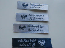 Load image into Gallery viewer, 10 Made with Love by Grandma 60mm x 15mm woven sewing labels