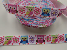 Load image into Gallery viewer, 4.7m Mixed Colour Single Owl and Flower Print Fold Over Elastic FOE Foldover15mm