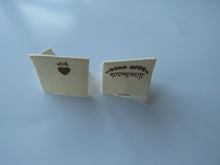 Load image into Gallery viewer, 10 Handmade underlined with Heart twigs Cotton Flag Labels 2 x 2cm folded