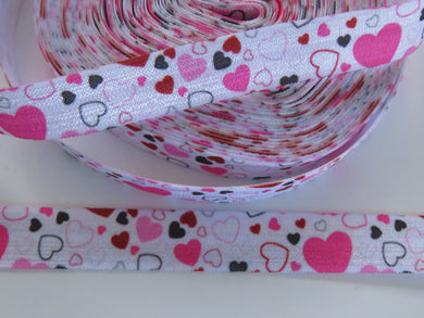5m pink heart pink on whte elastic 15mm Fold over FOE Foldover Elastic or use flat as a trim