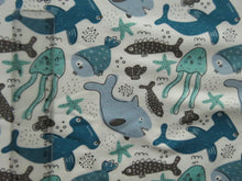 Load image into Gallery viewer, 1m Fish Shark Starfish on cream cotton spandex jersey knit 150cm