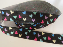 Load image into Gallery viewer, 2m Heart print on black Fold Over Elastic FOE Foldover 15mm
