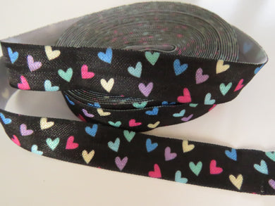 2m Heart print on black Fold Over Elastic FOE Foldover 15mm