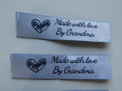 10 White Made with Love by Grandma 60mm x 15mm woven sewing labels.