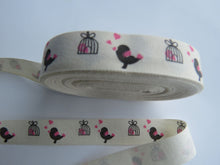 Load image into Gallery viewer, 1.4m Bird with Pink heart and birdcage Printed cotton tape