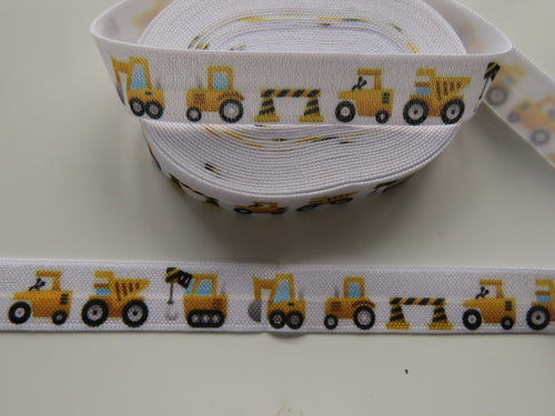 3.4m Yellow Digger Truck Roadworks Print Fold Over Elastic FOE Foldover15mm