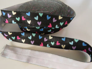 2m Heart print on black Fold Over Elastic FOE Foldover 15mm