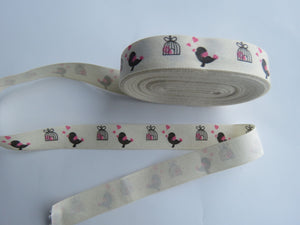 1.4m Bird with Pink heart and birdcage Printed cotton tape