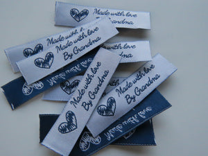 10 Made with Love by Grandma 60mm x 15mm woven sewing labels