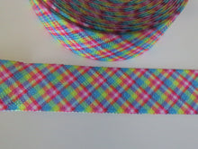 Load image into Gallery viewer, 5 yards (4.5m approx). Rainbow Plaid Check Print Fold Over Elastic FOE Foldover15mm