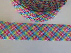 5 yards (4.5m approx). Rainbow Plaid Check Print Fold Over Elastic FOE Foldover15mm