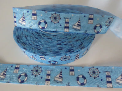 2m Nautical print with boats, light house and ship wheel on blue Fold Over Elastic FOE Foldover 15mm