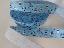 Load image into Gallery viewer, 2m Nautical print with boats, light house and ship wheel on blue Fold Over Elastic FOE Foldover 15mm