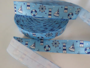 2m Nautical print with boats, light house and ship wheel on blue Fold Over Elastic FOE Foldover 15mm